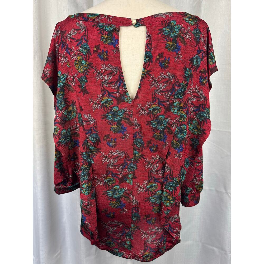 Free People Dock Street Blouse XS Red Floral Boho Ruffle Slouchy Top - Picture 8 of 9